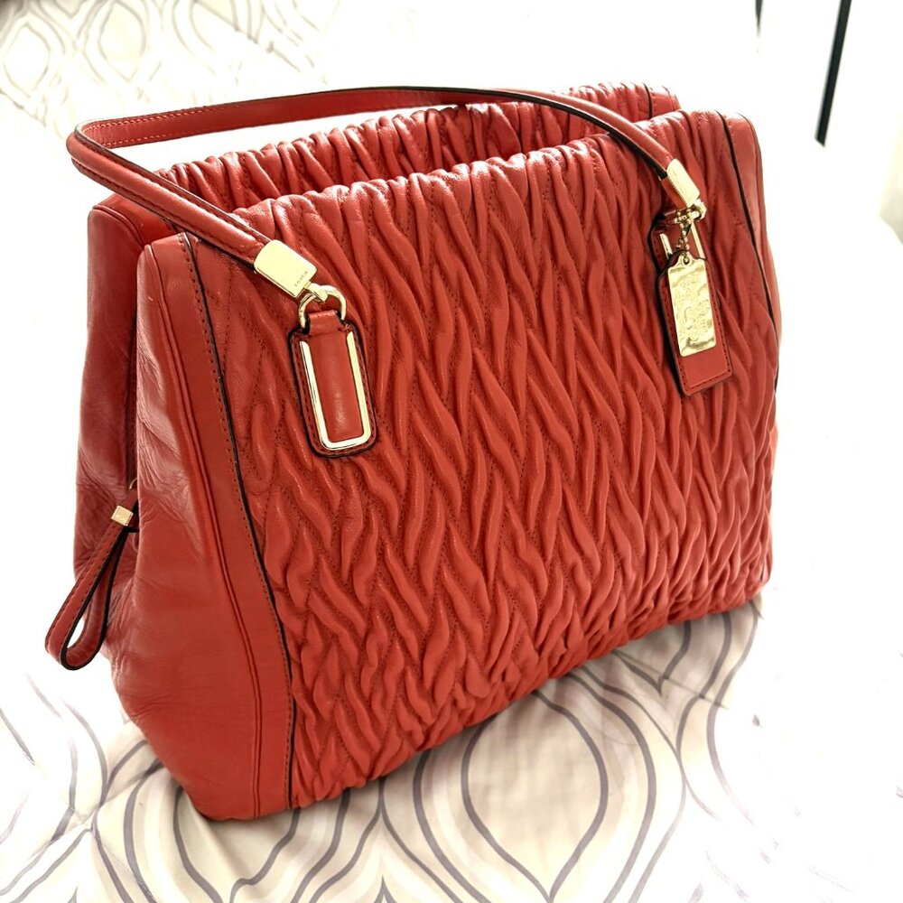 Coach Madison Gathered Leather Vermillion (Red-Orange) Satchel Bag Tote